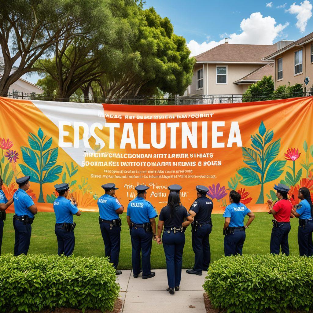 A diverse group of community members collaborating with police officers in a dynamic outdoor setting, showcasing a vibrant community meeting focused on safety strategies. Include symbolic elements like a large banner with the title 'Estrategias de Prevención', illustrations of hands shaking, and a backdrop of a peaceful neighborhood to emphasize cooperation and trust. Bright, engaging colors to evoke a sense of unity and hope. super-realistic. vibrant colors. outdoor setting.