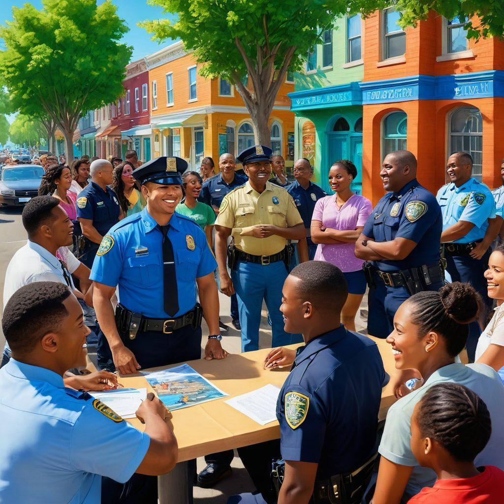 A diverse group of community members engaged in a friendly conversation with police officers in a lively neighborhood, showcasing cooperation and trust. In the background, colorful murals depicting unity and safety blend with green trees and a sunny sky. The scene should evoke a sense of harmony and community spirit. super-realistic. vibrant colors. 3D.